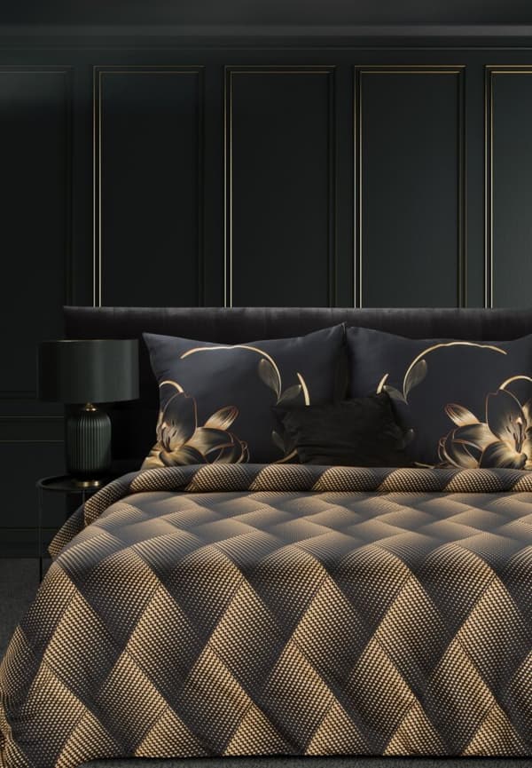 VICTORIA12 160x200 Eurofirany makosatin sengetøjssæt sort guld geometri blomster