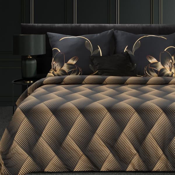 VICTORIA12 160x200 Eurofirany makosatin sengetøjssæt sort guld geometri blomster