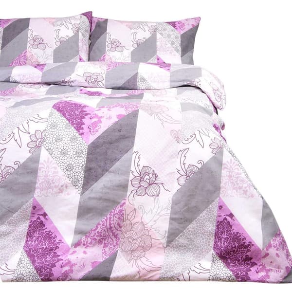 Puuvillavuodevaatteet 200x220 COTTONLOVE valkoinen harmaa pinkki siksak + kukkia