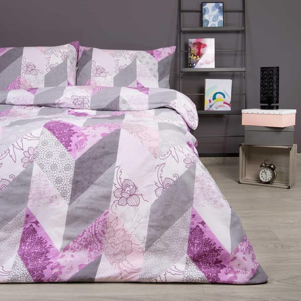 Puuvillavuodevaatteet 200x220 COTTONLOVE valkoinen harmaa pinkki siksak + kukkia