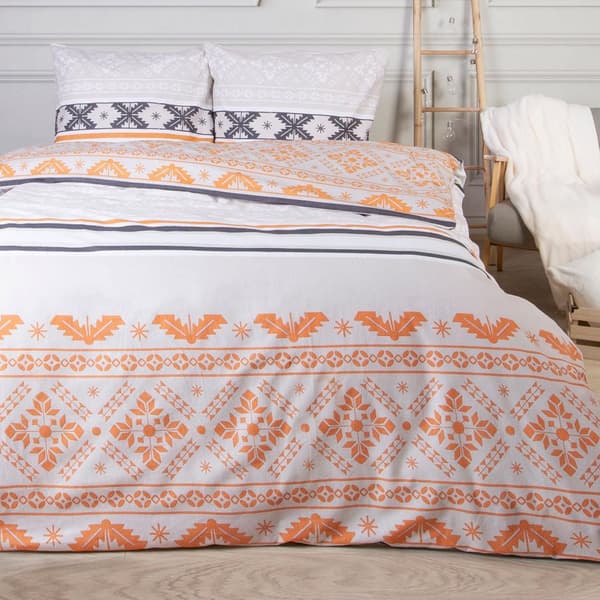 Flanell sengetøj 200x220 Darymex hvid orange med geometriske snefnug