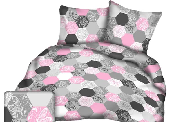 Sängset 160x200 rosa och grått hexagonmönster