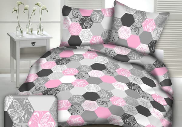 Sängset 160x200 rosa och grått hexagonmönster
