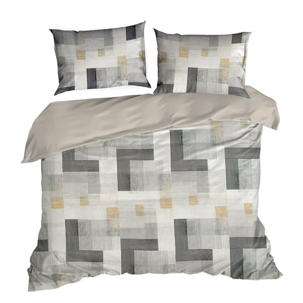 Sängkläder i bomull LEA 200x220 Design91 grå vit beige rektanglar geometri