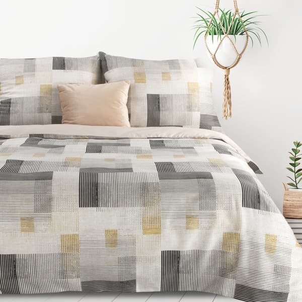 Bomuld sengetøj LEA 200x220 Design91 grå hvid beige rektangler geometri