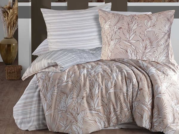 Bomuldssatin sengetøj PALMIRA 160x200 EKSKLUSIVT hvid beige striber plantemotiv