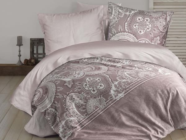 Sängkläder i bomull satin PELLINI 160x200 EXKLUSIVT dubbelsidiga beige vita prydnadsränder