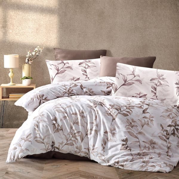 Bomuld satin sengetøj MASS 160x200 LUKSUS beige brune blomster