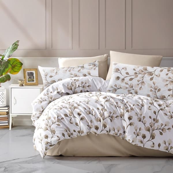 Puuvillasatiinivuodevaatteet PUHA 160x200 LUXURY valkoiset beige-kukat