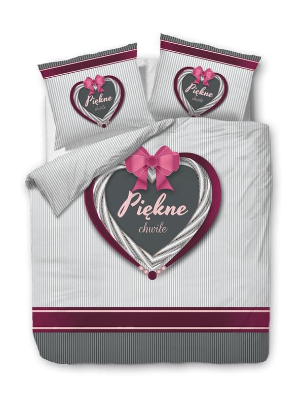 Bomuld sengetøj 160x200 PANELOVE hvid pink grå hjerte sløjfe striber