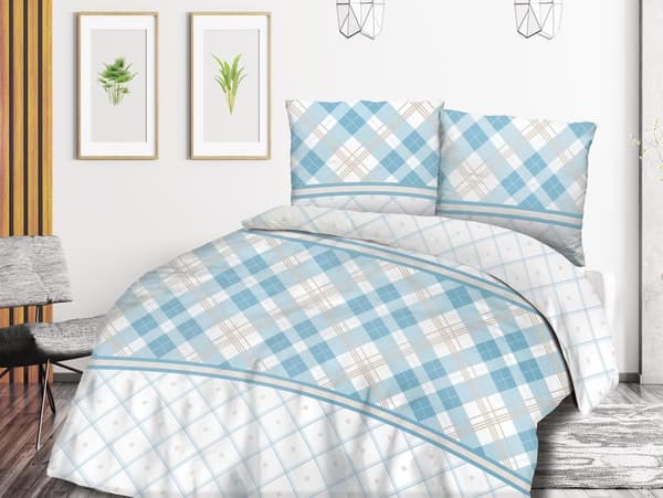 Bomuld sengetøj 220x200 COTTONLOVE hvid blå ternet