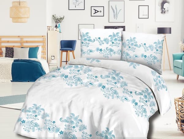 Bomuld sengetøj 220x200 COTTONLOVE hvide blå mønstrede blomster