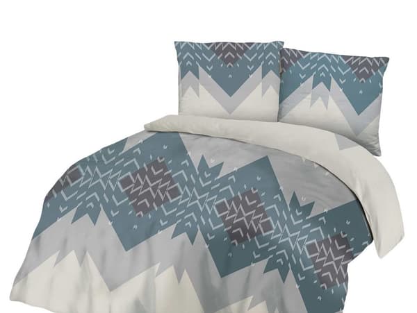 Bomuld satin sengetøj AZTEK 220x200 SATYNLOVE beige grå blå geometrisk mønster