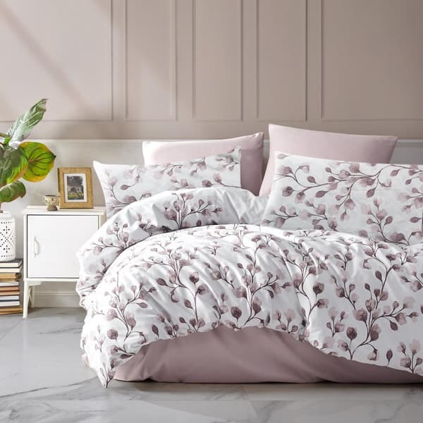Sängkläder i bomull satin PUHA 220x200 LYX vita rosa blommor
