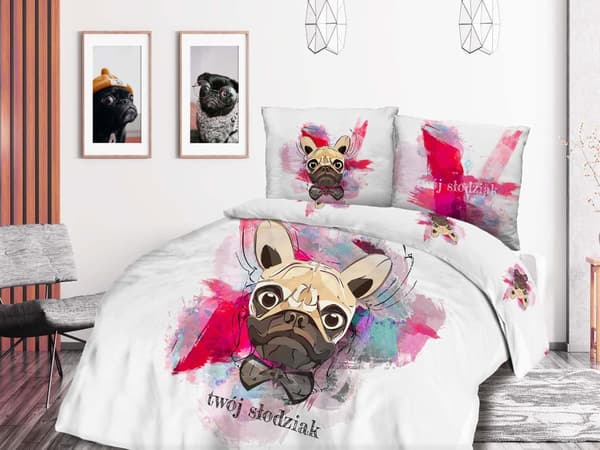Bomuld sengetøj 140x200 PANELOVE ungdom hvid pink hund