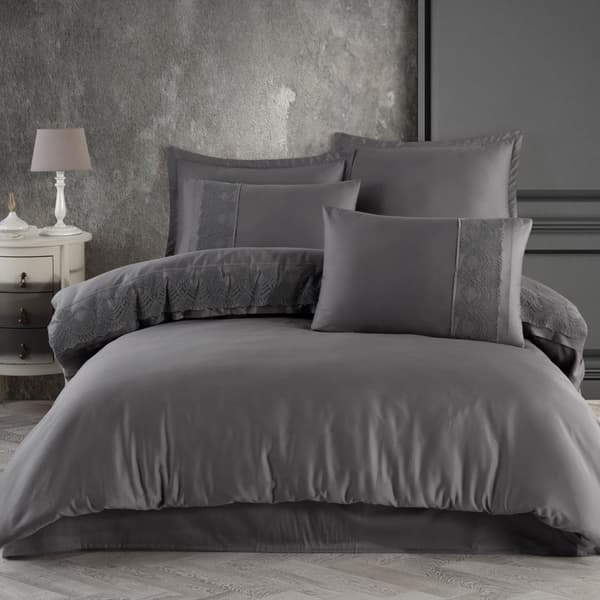 Sängkläder i bomull satin VALINOR 220x200 LYX grå med guipure