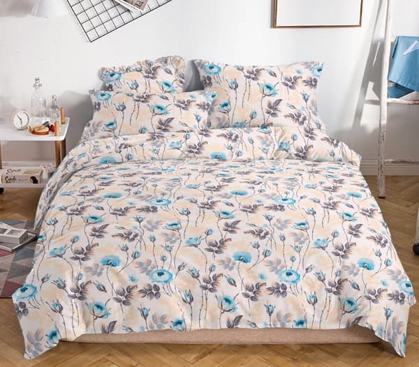 Satin sängkläder 160x200 beige blå pioner kvistar blad