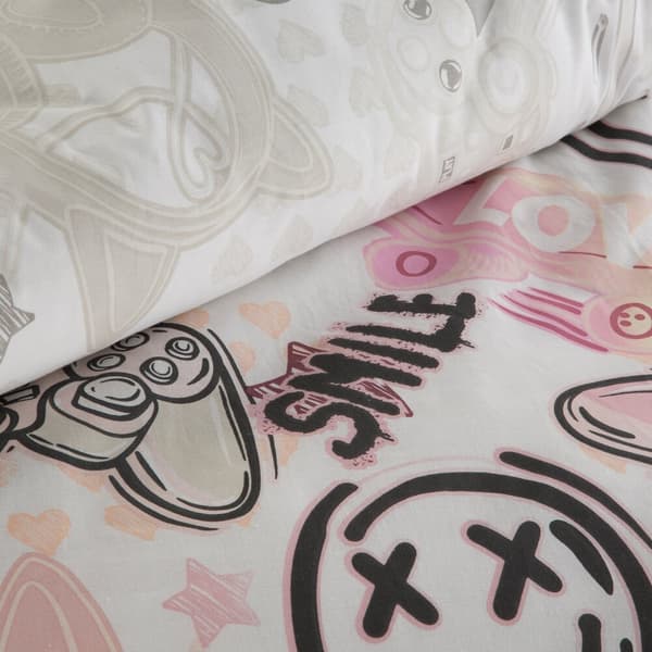 Puuvillaiset vuodevaatteet KID 140x200 Design91 valkoinen pinkki musta luistelija pelaaja tyttö