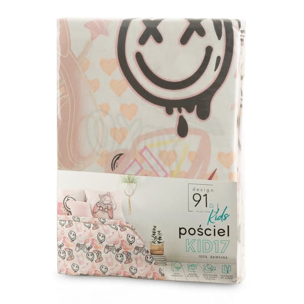 Puuvillaiset vuodevaatteet KID 140x200 Design91 valkoinen pinkki musta luistelija pelaaja tyttö