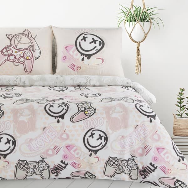 Bomuld sengetøj KID 160x200 Design91 hvid pink sort skater gamer pige