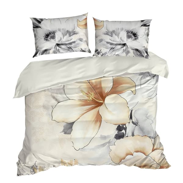 Satin sängkläder PREMIUM19 200x220 Eurofirany vitt te grå stora blommor