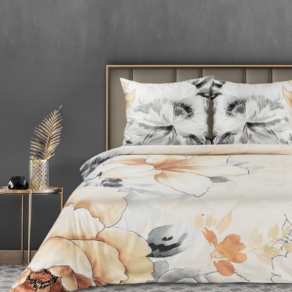 Satin sängkläder PREMIUM19 200x220 Eurofirany vitt te grå stora blommor