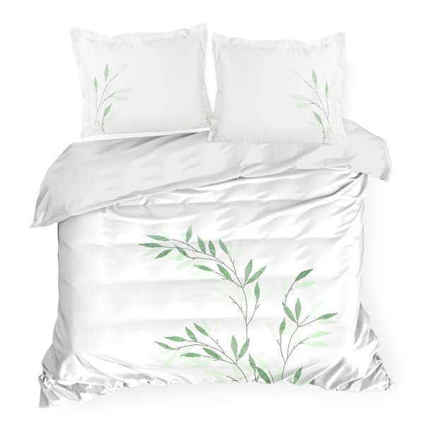 Satin sengetøj BRODERI 160x200 Eurofirany hvide broderede grønne grene