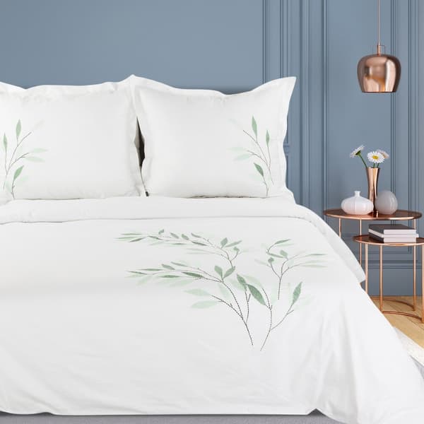 Satin sengetøj BRODERI 160x200 Eurofirany hvide broderede grønne grene