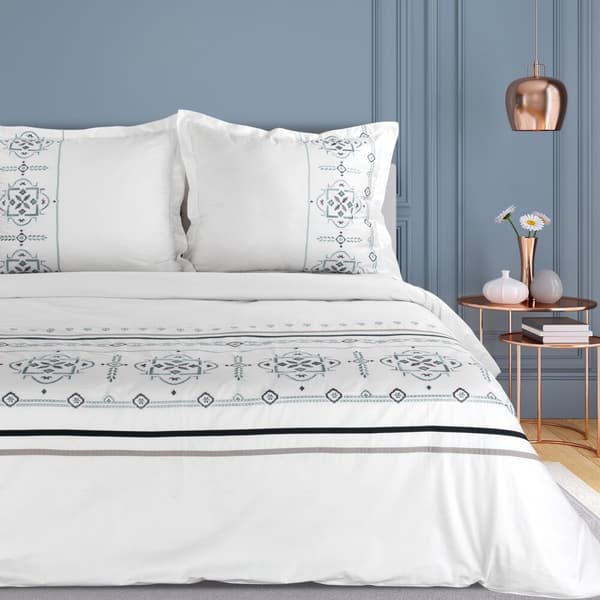 Satin sengetøj BRODERI 200x220 Eurofirany hvid blå geometrisk broderi