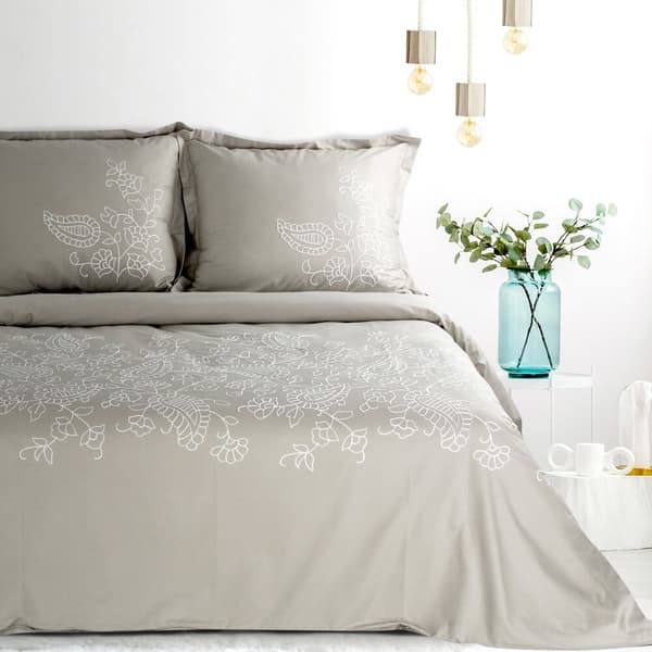 Satiini vuodevaatteet KIRJONTA 160x200 Eurofirany beige valkoinen kirjonta paisley kukkia