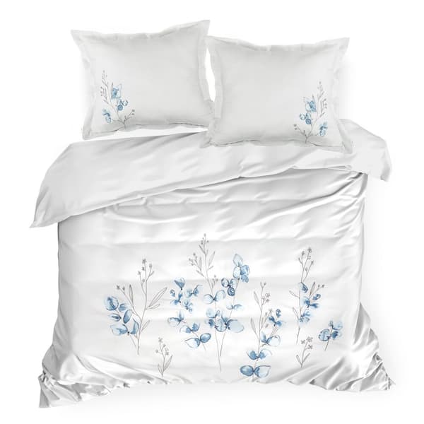 Satin sengetøj BRODERI Eurofirany 200x220 hvide broderede blå blade