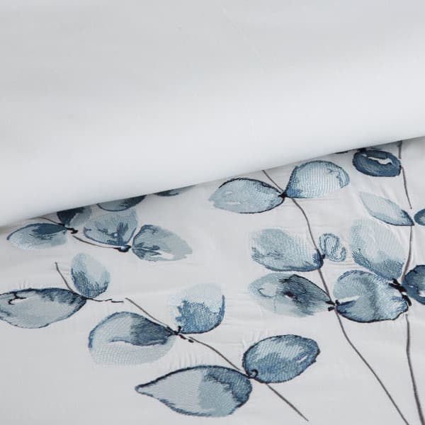 Satin sengetøj BRODERI Eurofirany 200x220 hvide broderede blå blade