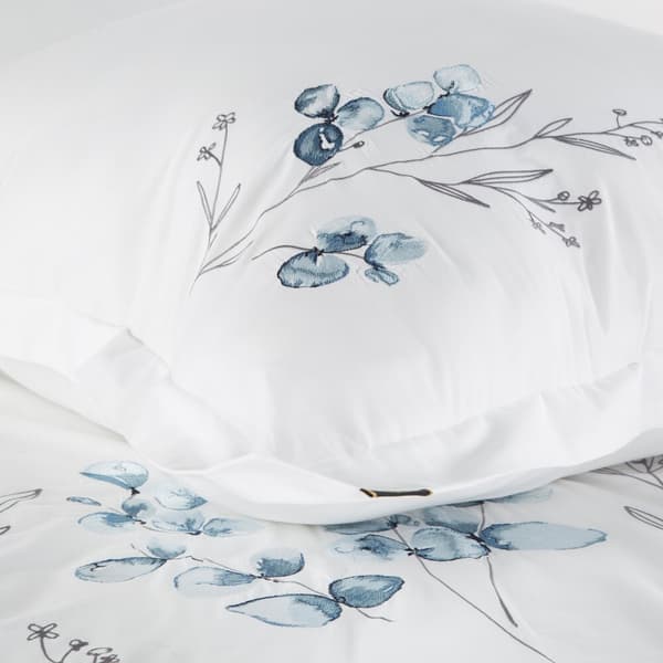Satin sengetøj BRODERI Eurofirany 200x220 hvide broderede blå blade
