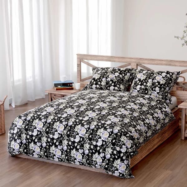Puuvillaiset vuodevaatteet PEONY DARK 140x200 mustat violetit ja valkoiset pionit