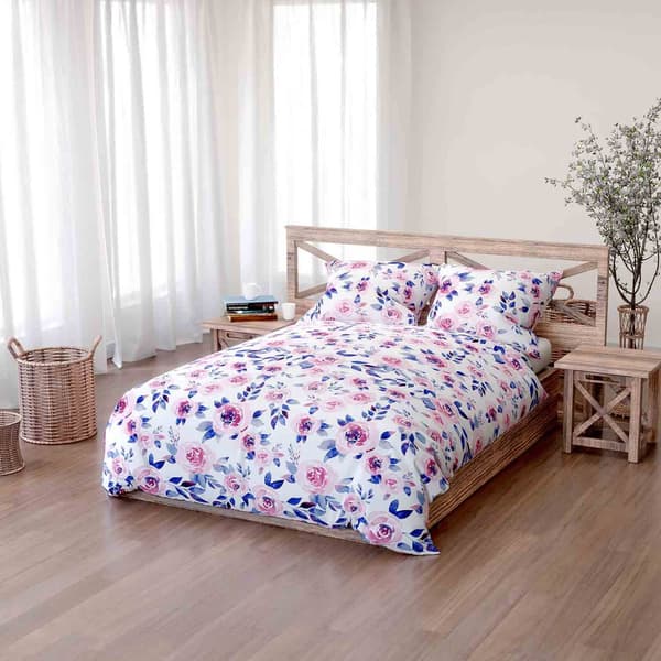 Sängkläder i bomull MANSION 200x220 vita rosa marinblå blommor