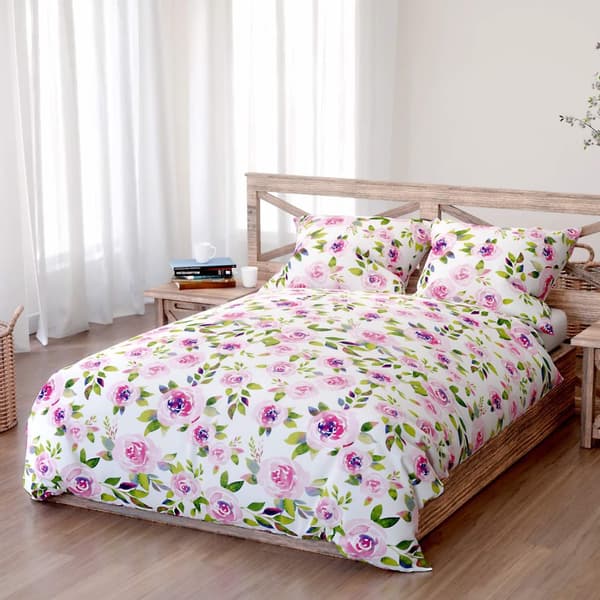 Bomuld sengetøj MANSION 200x220 hvide lyserøde grønne blomster