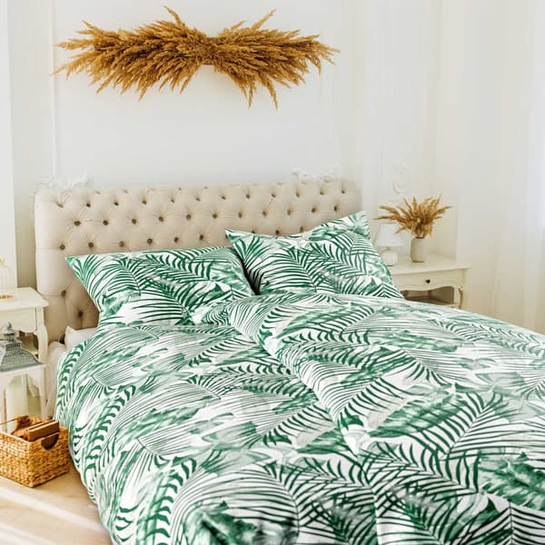 JUNGLE flannel sengetøj 160x200 hvid grøn sort tropiske blade