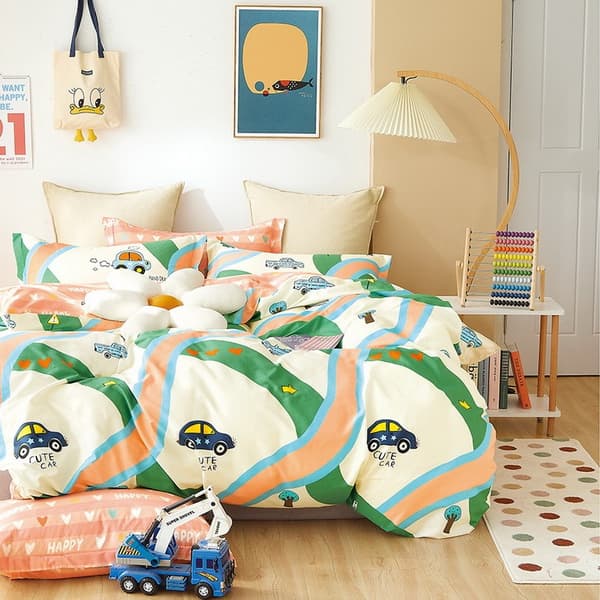 Børnesengetøj 160x200 cremegrøn orange søde biler