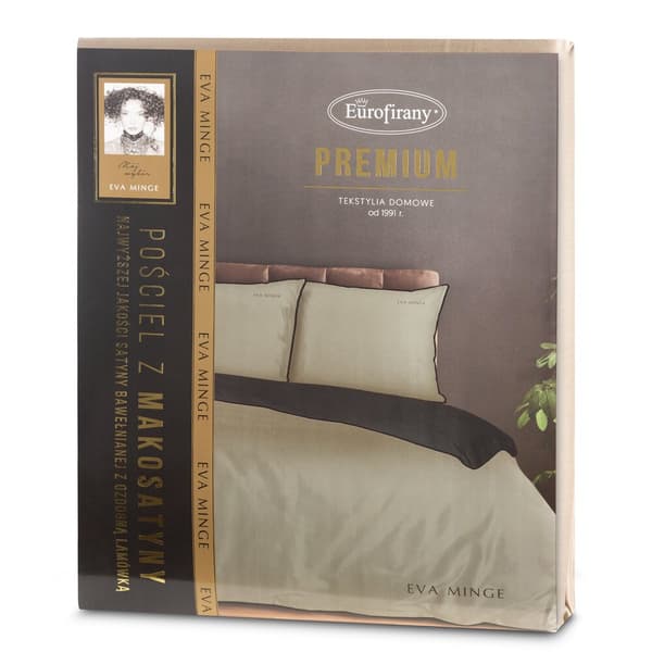EVA satin sängkläder 200x220 Eva Minge Eurofirany beige svart broderad logotyp + passpoal