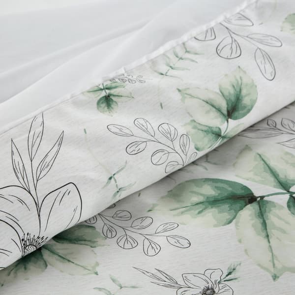 Satin sengetøj FORÅR 200x220 Eurofirany hvide grønne blade tegnede blomster