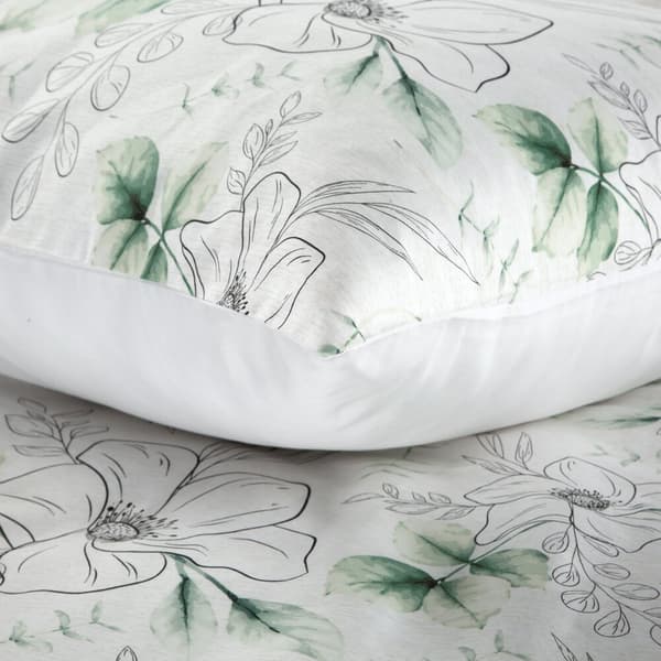 Satin sengetøj FORÅR 200x220 Eurofirany hvide grønne blade tegnede blomster