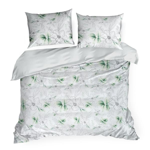 Satin sengetøj FORÅR 200x220 Eurofirany hvide grønne blade tegnede blomster