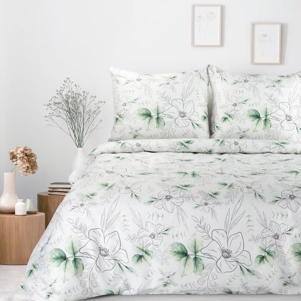 Satin sengetøj FORÅR 200x220 Eurofirany hvide grønne blade tegnede blomster