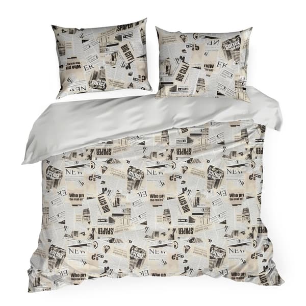 Puuvillaiset vuodevaatteet SONIA 200x220 Eurofirany harmaa beige musta sanomalehti