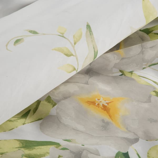 Satin sengetøj FORÅR 200x220 Eurofirany hvid gulgrøn blomstrende kviste