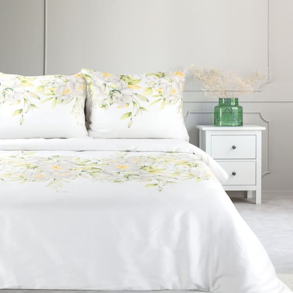 Satin sengetøj FORÅR 200x220 Eurofirany hvid gulgrøn blomstrende kviste