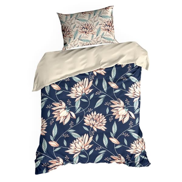 NIKA satin sengetøj 200x220 Eurofirany marineblå pudder pink mynte blomster dahliaer