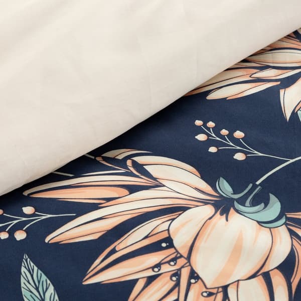 NIKA satin sengetøj 200x220 Eurofirany marineblå pudder pink mynte blomster dahliaer