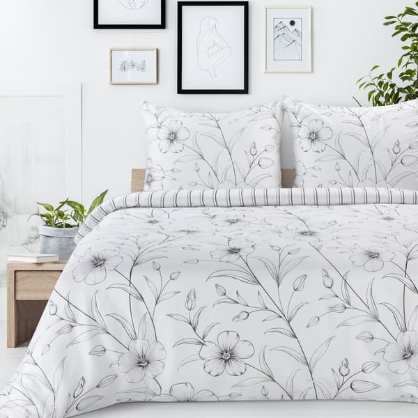 Satin sengetøj FORÅR 220x200 Eurofirany hvid sort skitserede vilde blomster striber