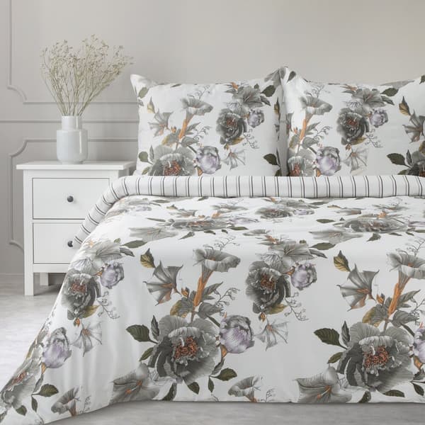 Satin sängkläder VÅR 220x200 Eurofirany vita grå romantiska blommor ränder